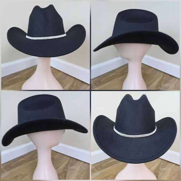 ☔️🩵Black & Rhinestone Band Wide Brim Cowgirl Hat Medium - Picture 5 of 15